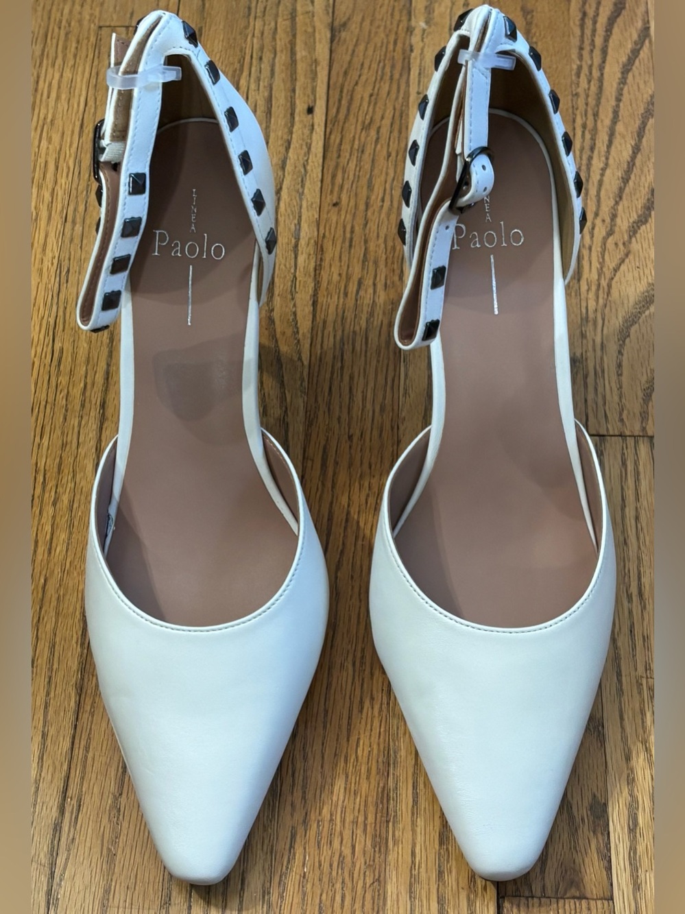 Paolo Eggshell Pointed-Toe Ankle-Strap Heels with Stud Accent